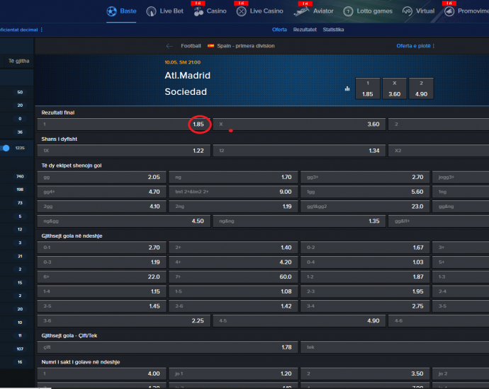Atl Madrid VS Real Sociedad koeficientët në Mozzartbet 10.05.2025