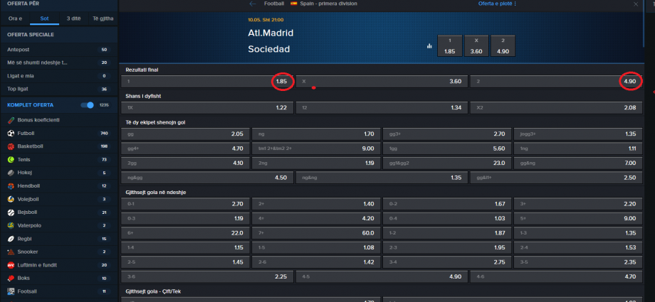 Atl Madrid VS Real Sociedad koeficientët në Mozzartbet 10.05.2025