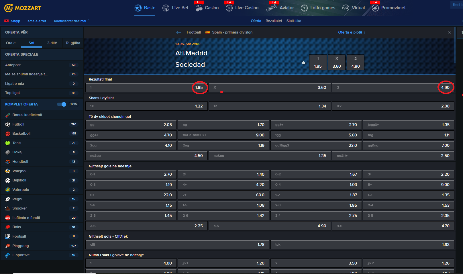 Atl Madrid VS Real Sociedad koeficientët në Mozzartbet 10.05.2025