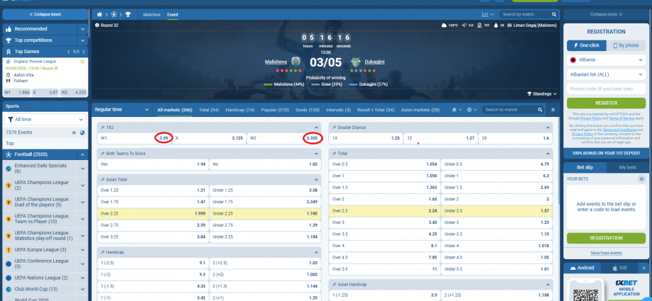 Malisheva VS Dukagjini koeficientët në 1xbet 03.05.2025