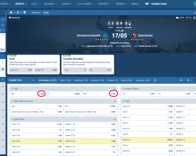 Marseille VS Rennes koeficientët në 1xbet 17.05.2025