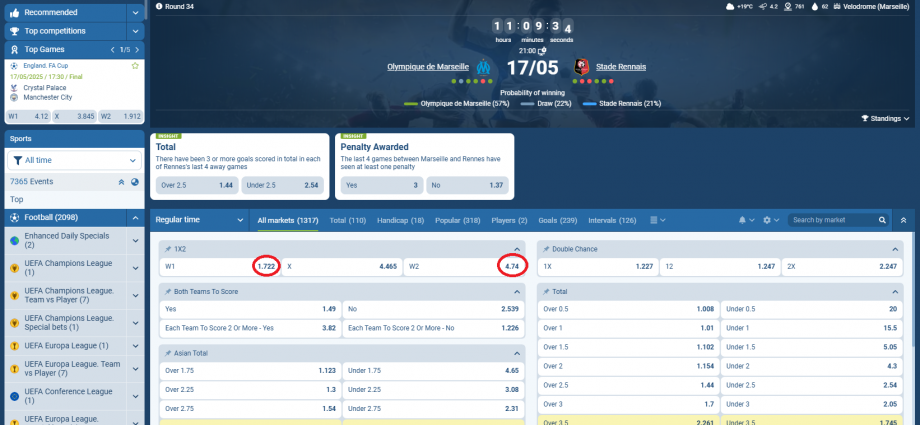Marseille VS Rennes koeficientët në 1xbet 17.05.2025