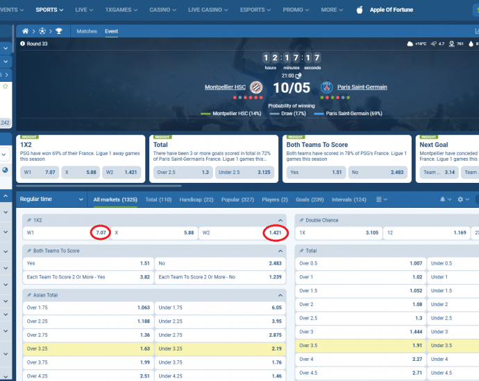 Montpellier VS PSG koeficientët në 1xbet 10.05.2025