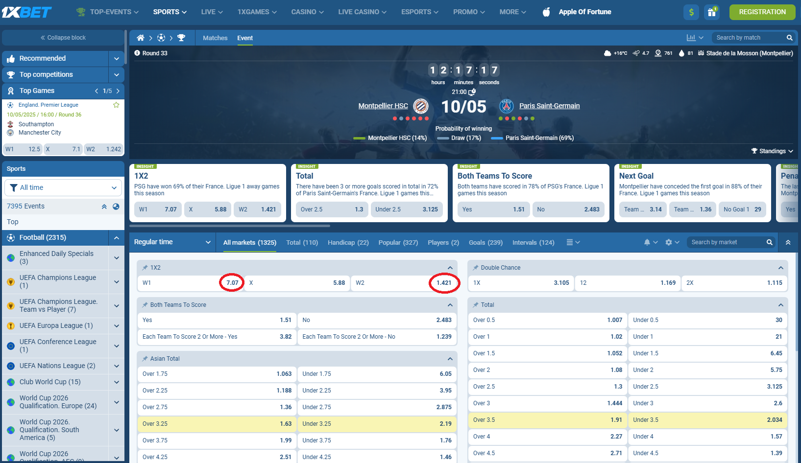 Montpellier VS PSG koeficientët në 1xbet 10.05.2025