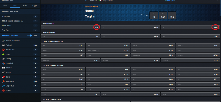 Napoli VS Cagliari koeficientët në Mozzartbet 23.05.2025