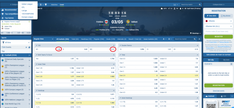 Prishtina VS Ballkani koeficientët në 1xbet 03.05.2025