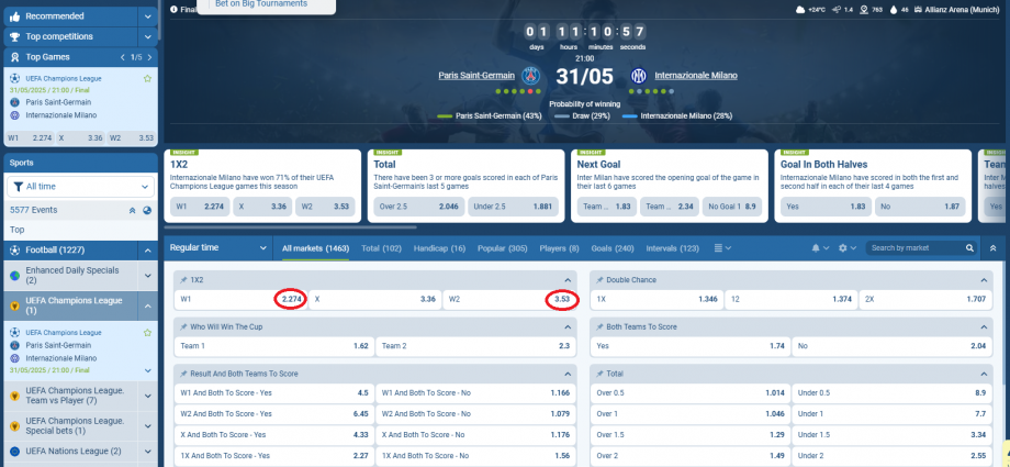 PSG VS Inter koeficientët në 1xbet 31.05.2025