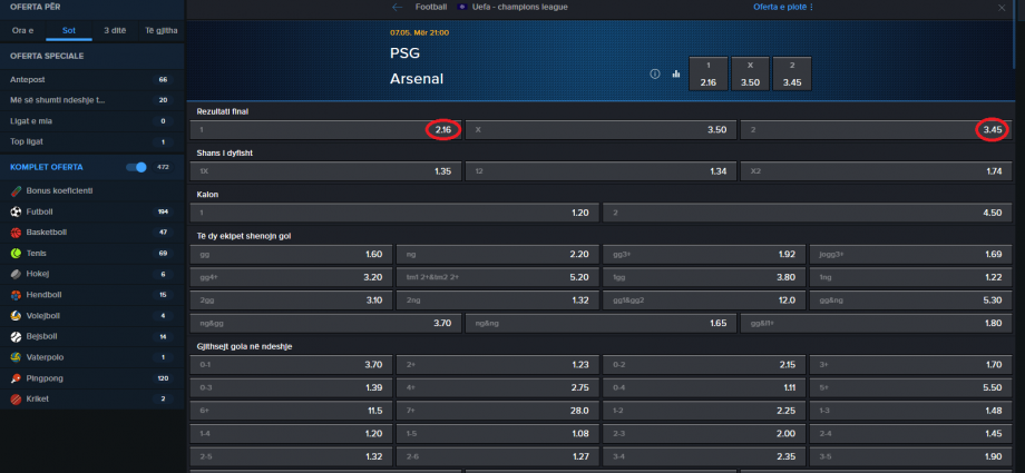 PSG VS Arsenal koeficientët në Mozzartbet 07.05.2025