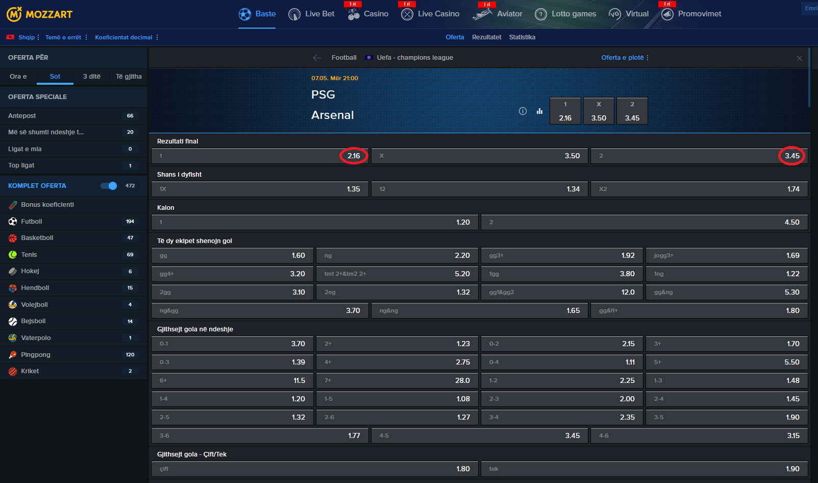 PSG VS Arsenal koeficientët në Mozzartbet 07.05.2025