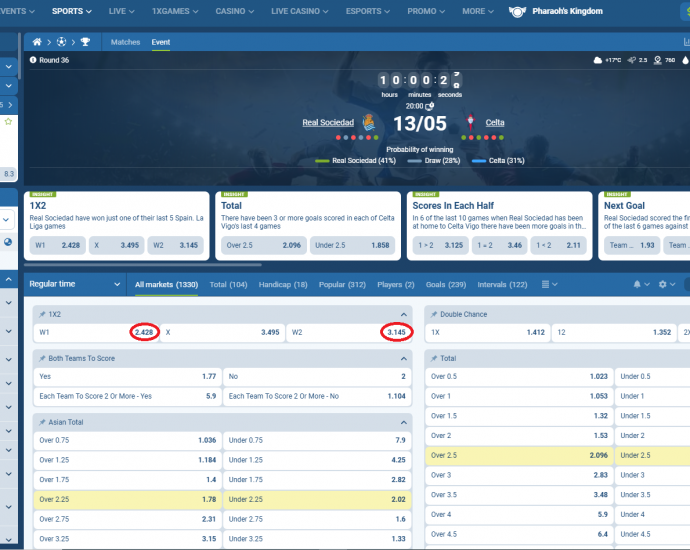 Real Sociedad VS Celta Vigo koeficientët 1xbet në 13.05.2025