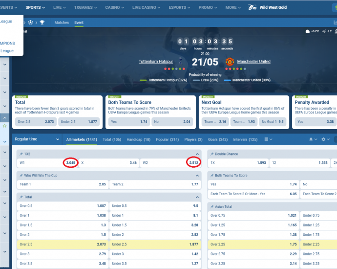 Tottenham VS Manchester Utd koeficientët në 1xbet 21.05.2025