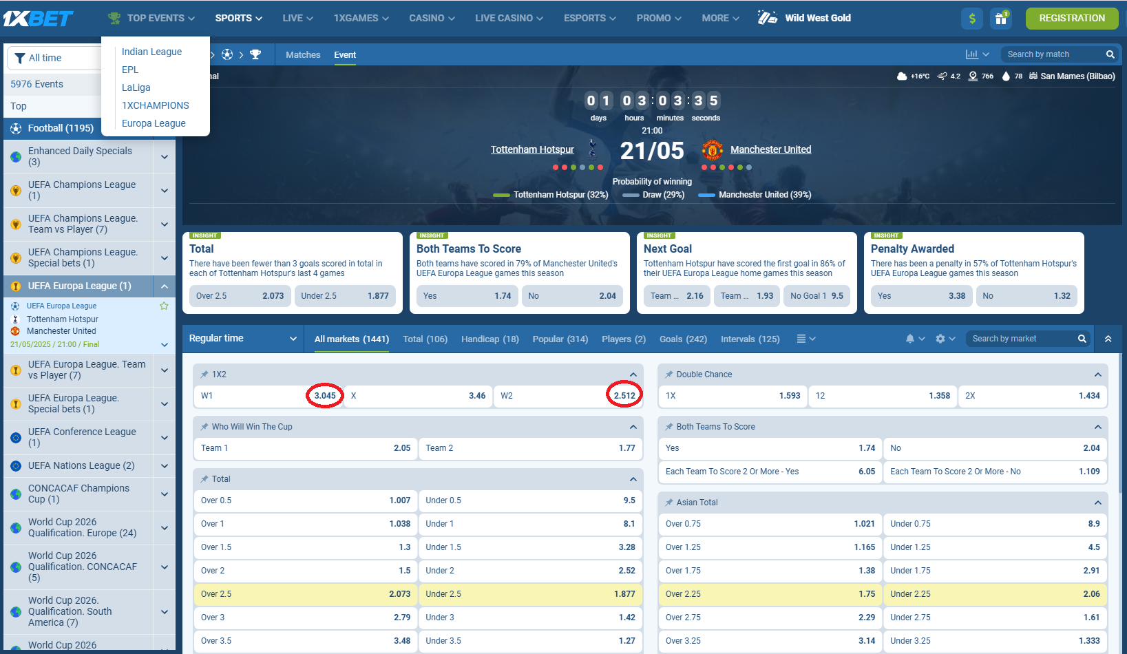 Tottenham VS Manchester Utd koeficientët në 1xbet 21.05.2025