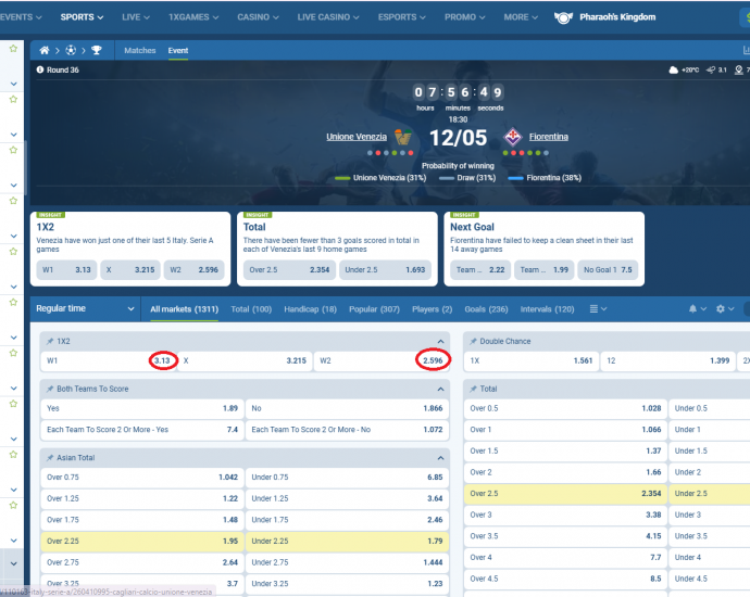 Venezia VS Fiorentina koeficientët në 1xbet 12.05.2025
