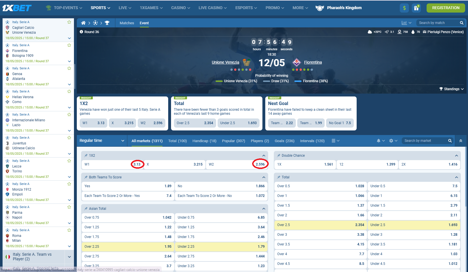 Venezia VS Fiorentina koeficientët në 1xbet 12.05.2025