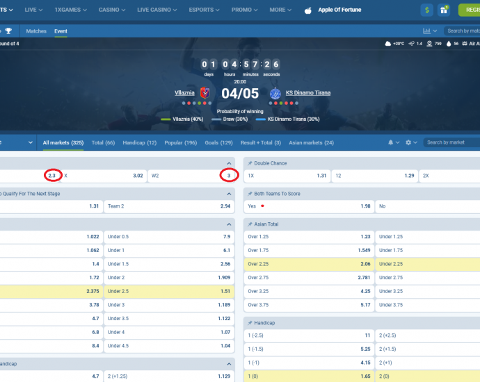 Vllaznia VS Dinamo koeficientët në 1xbet 04.05.2025