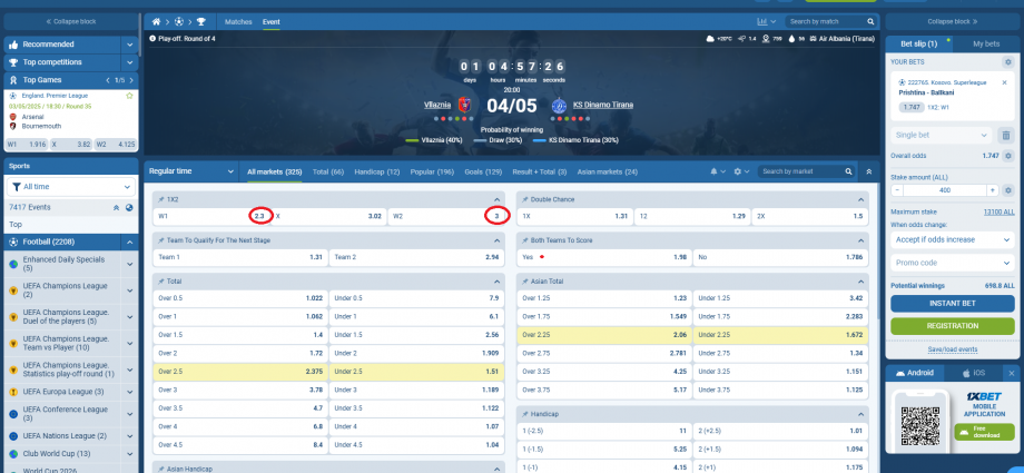 Vllaznia VS Dinamo koeficientët në 1xbet 04.05.2025