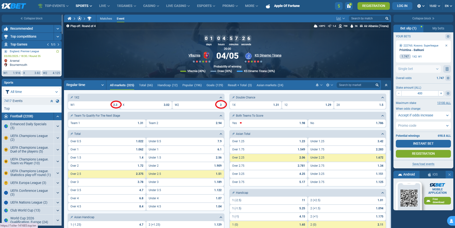 Vllaznia VS Dinamo koeficientët në 1xbet 04.05.2025