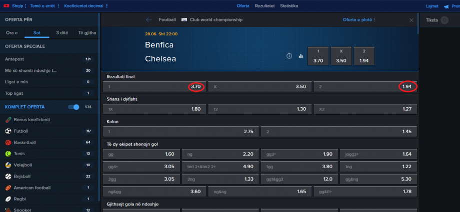 Benfica VS Chelsea koeficientët në 28.06.2025