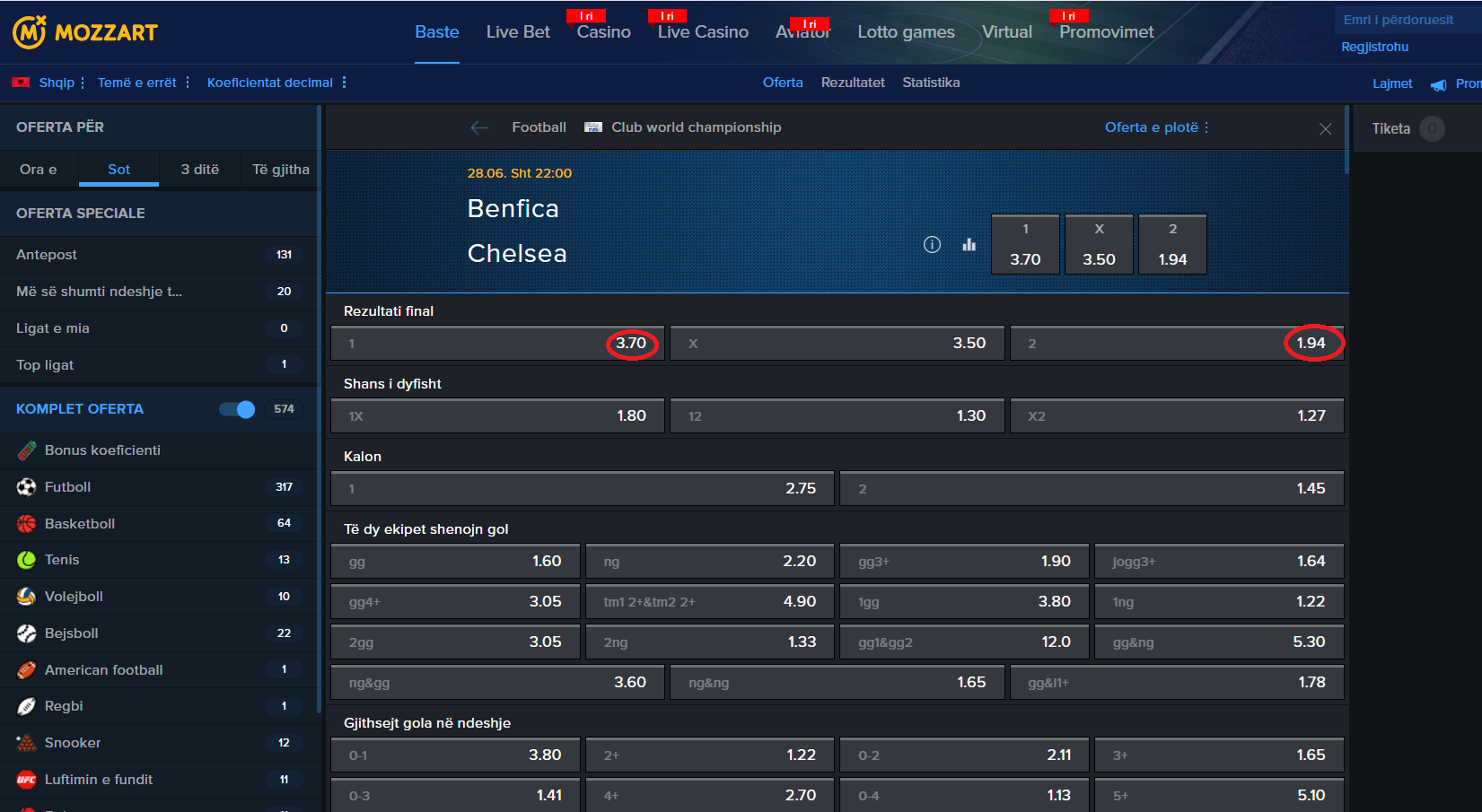 Benfica VS Chelsea koeficientët në 28.06.2025