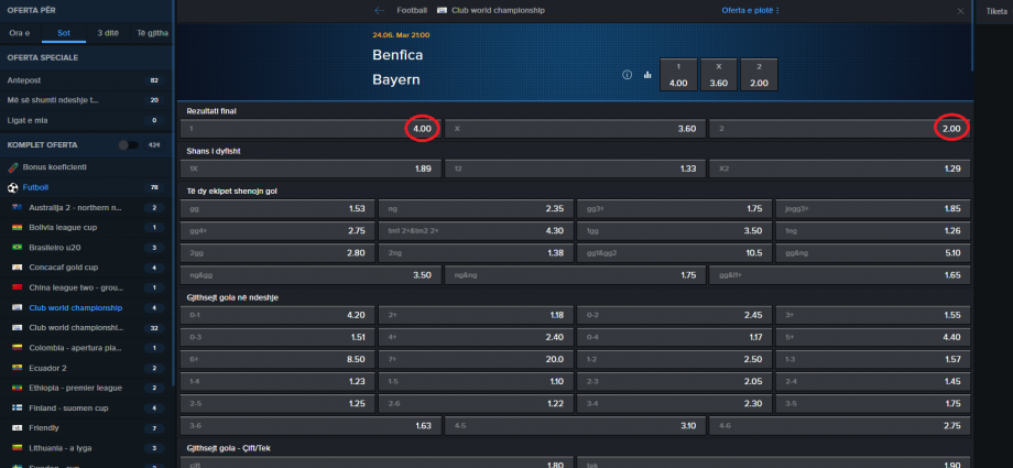 Benfica VS Bayern Munich koeficientët në Mozzartbet 24.06.2025