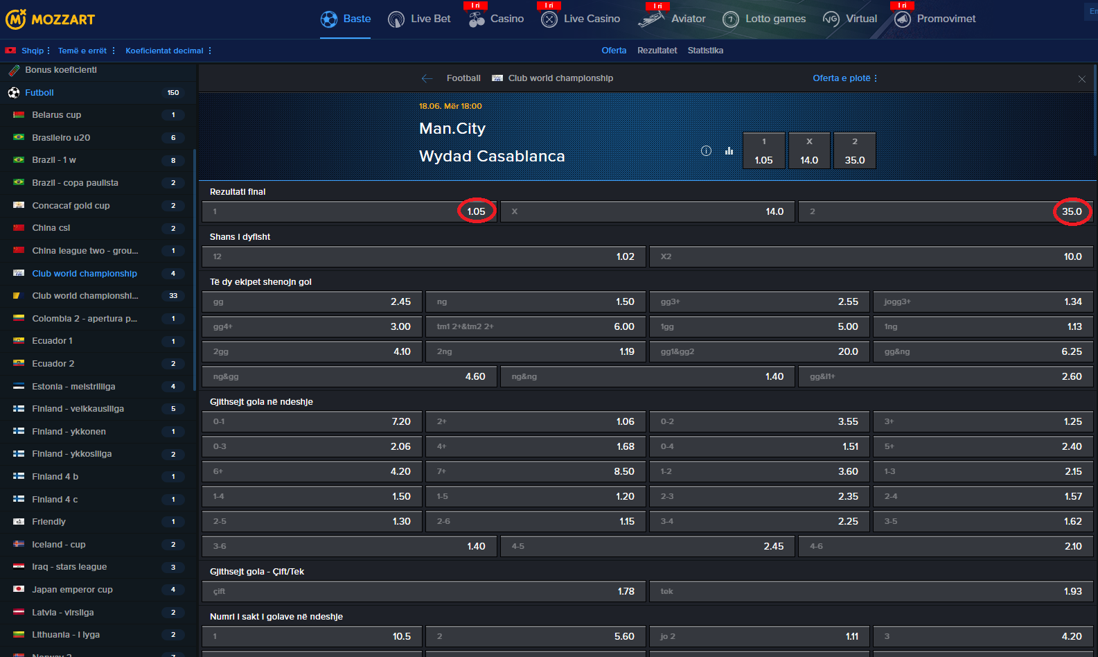 Manchester City VS Ëyadad koeficientët në Mozzartbet 18.06.2026