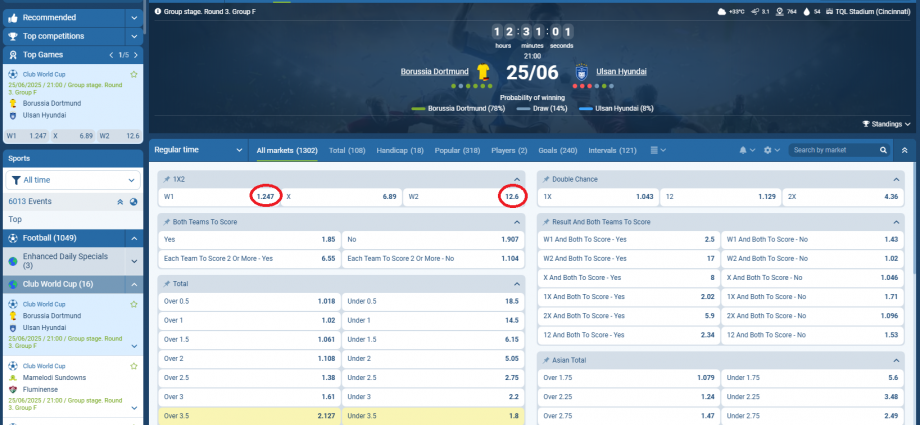 Dortmund VS Ulsan HD koeficientët në 1xbet 25.06.2025
