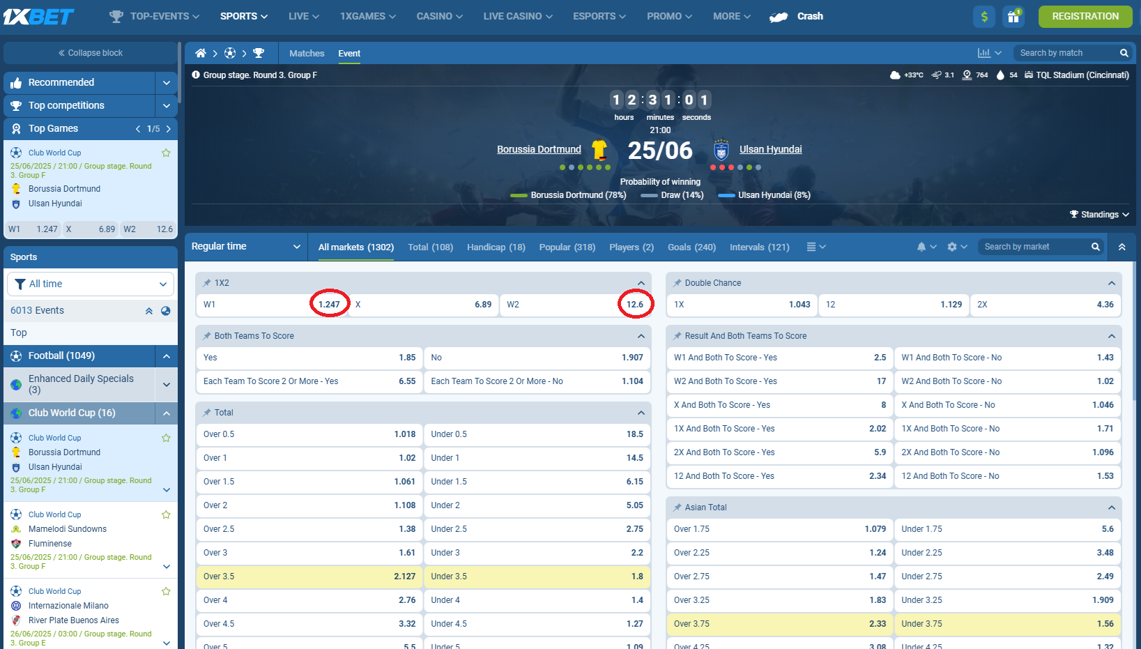 Dortmund VS Ulsan HD koeficientët në 1xbet 25.06.2025