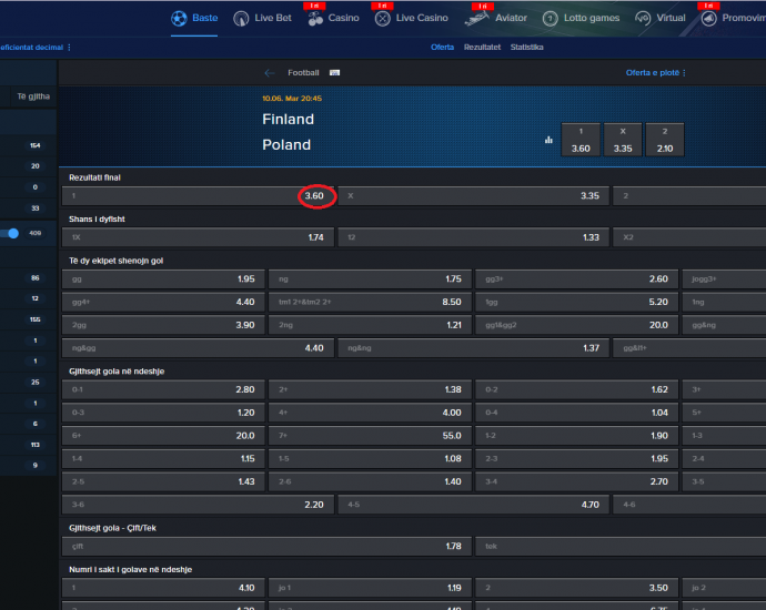 Finlandë VS Poloni koeficientët në Mozzartbet 10.06.2026