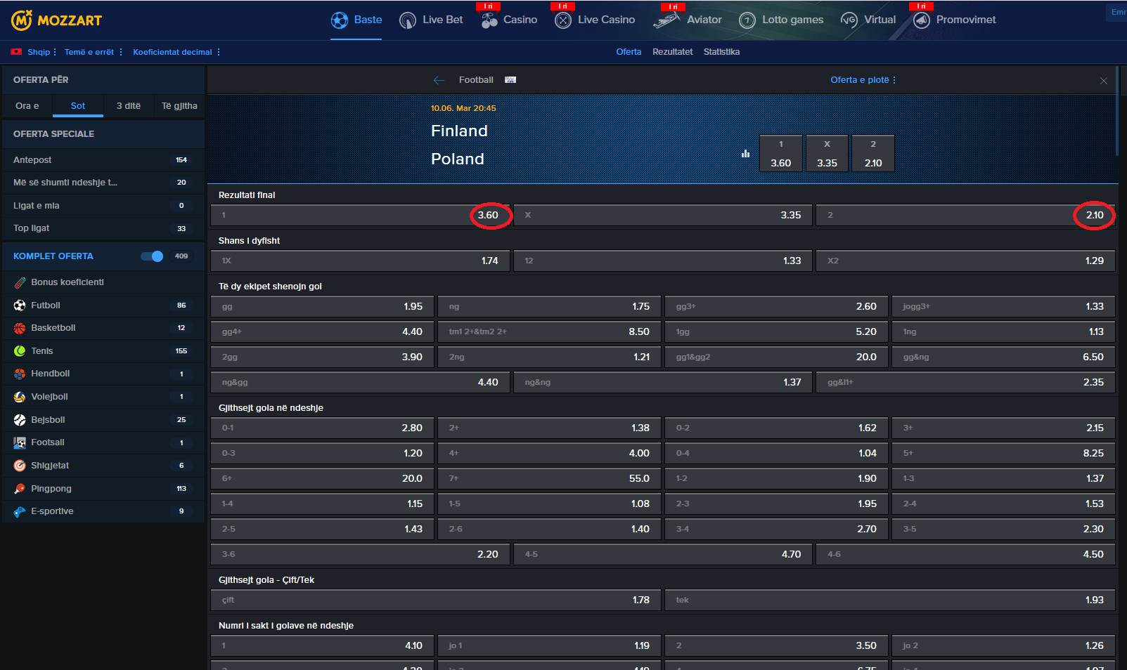 Finlandë VS Poloni koeficientët në Mozzartbet 10.06.2026