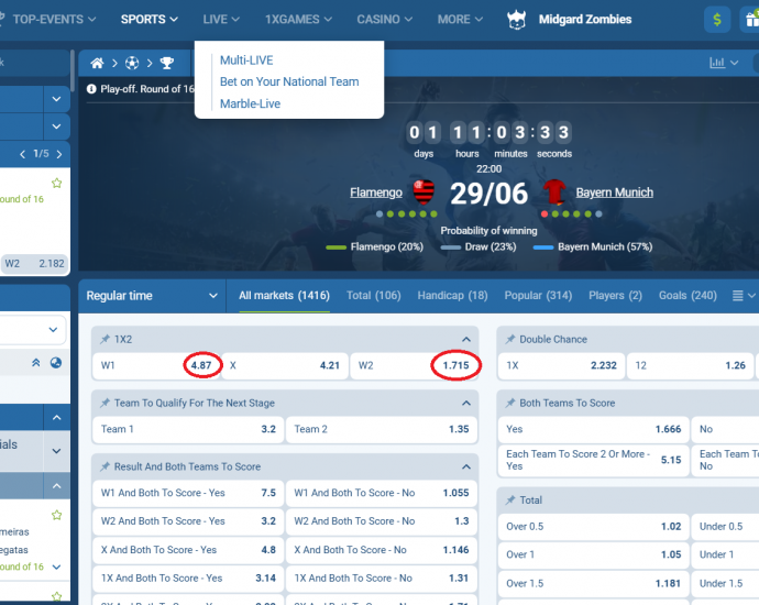 Flamengo RJ VS Bayern Munich koeficientët në 1xbet 29.06.2025