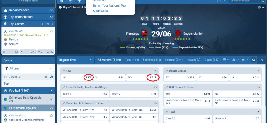 Flamengo RJ VS Bayern Munich koeficientët në 1xbet 29.06.2025