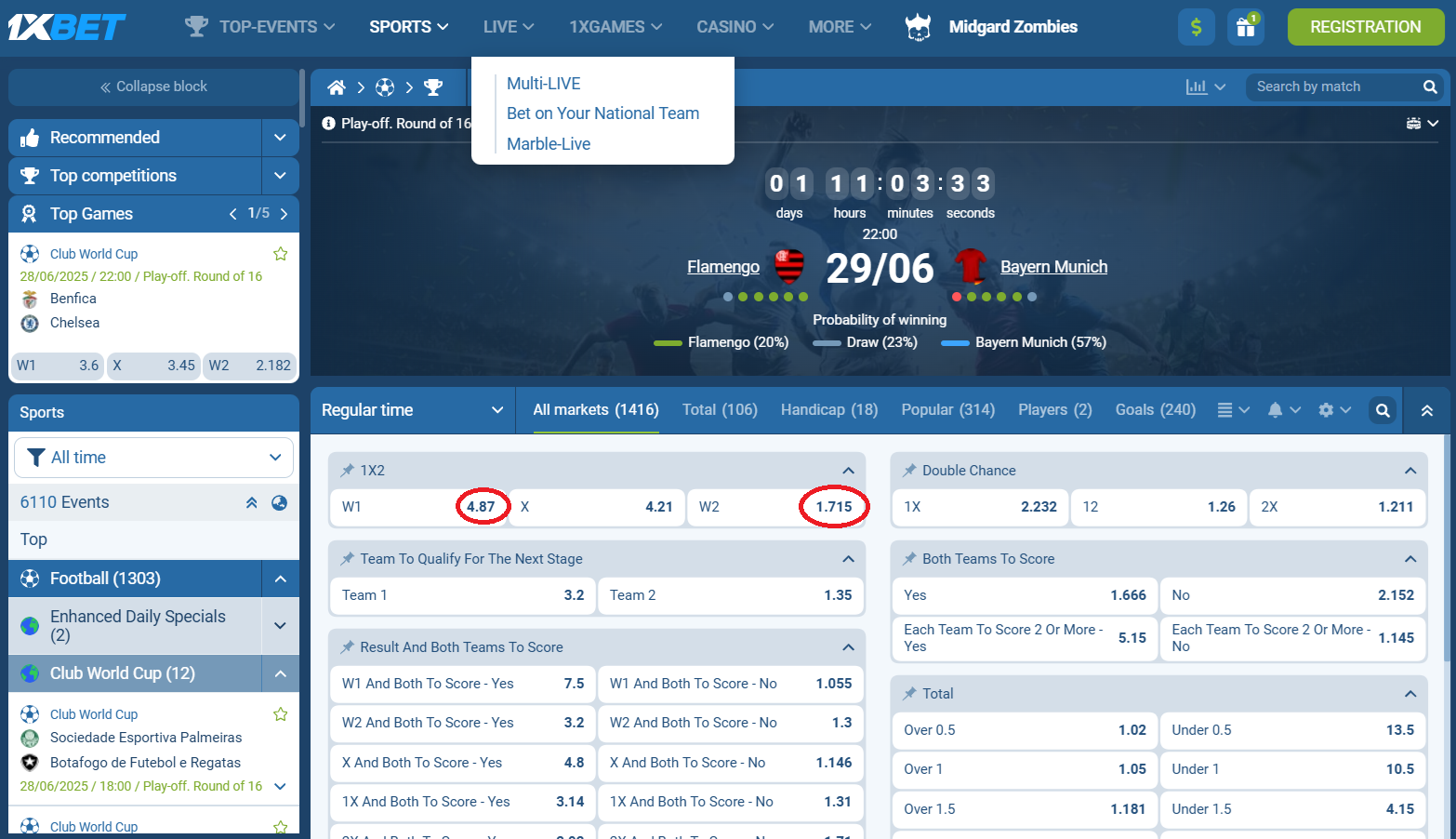 Flamengo RJ VS Bayern Munich koeficientët në 1xbet 29.06.2025