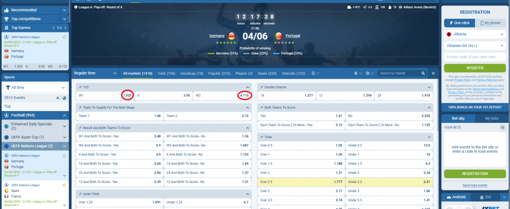 Germany VS Portugal koeficientët në 1xbet 04.05.2025