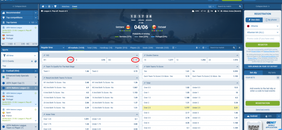 Germany VS Portugal koeficientët në 1xbet 04.05.2025