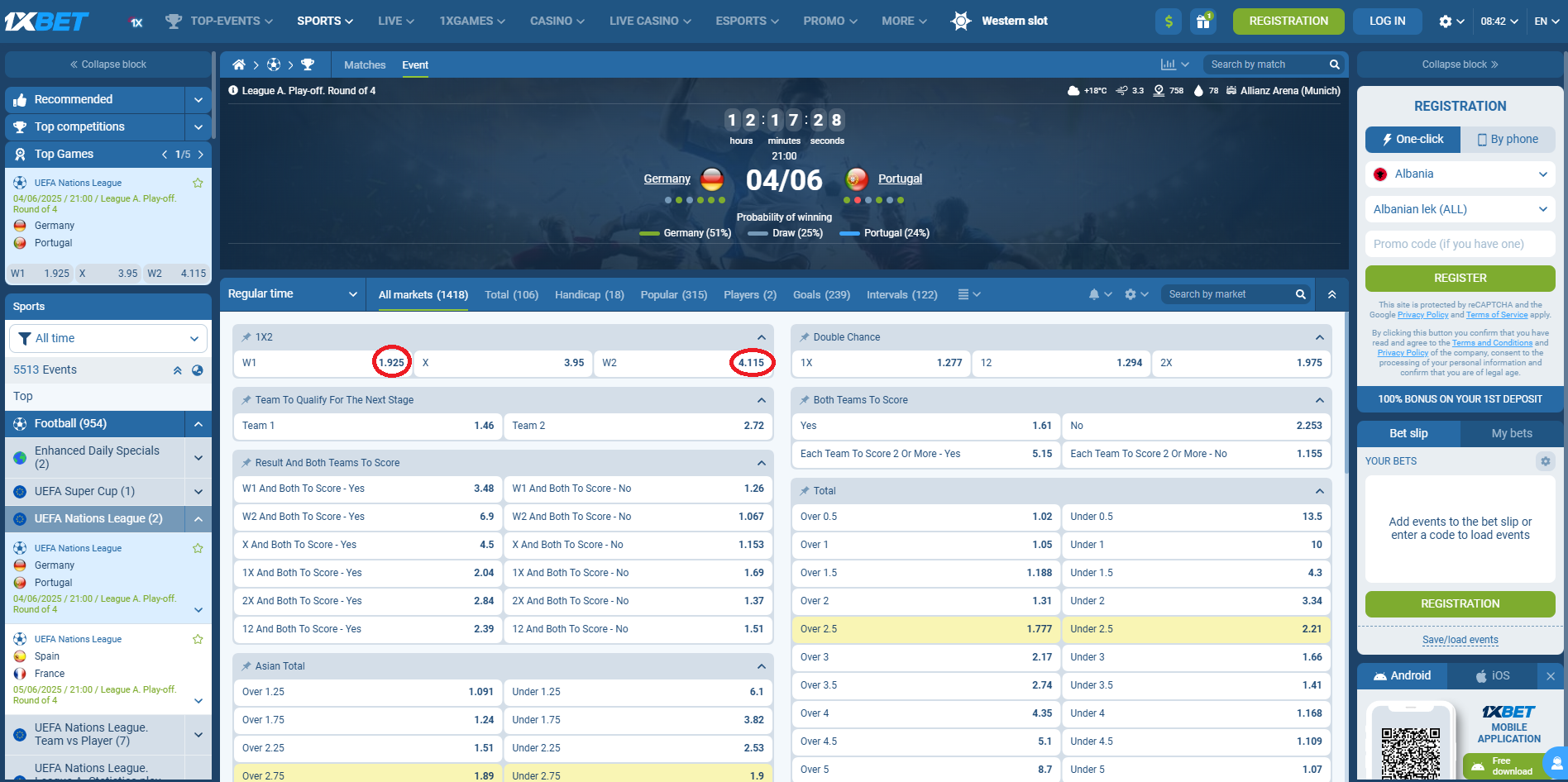 Germany VS Portugal koeficientët në 1xbet 04.05.2025