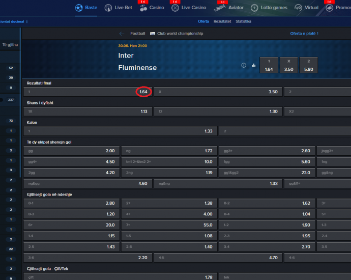 Inter VS Fluminense koeficientët në Mozzartbet 30.06.2025