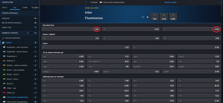 Inter VS Fluminense koeficientët në Mozzartbet 30.06.2025