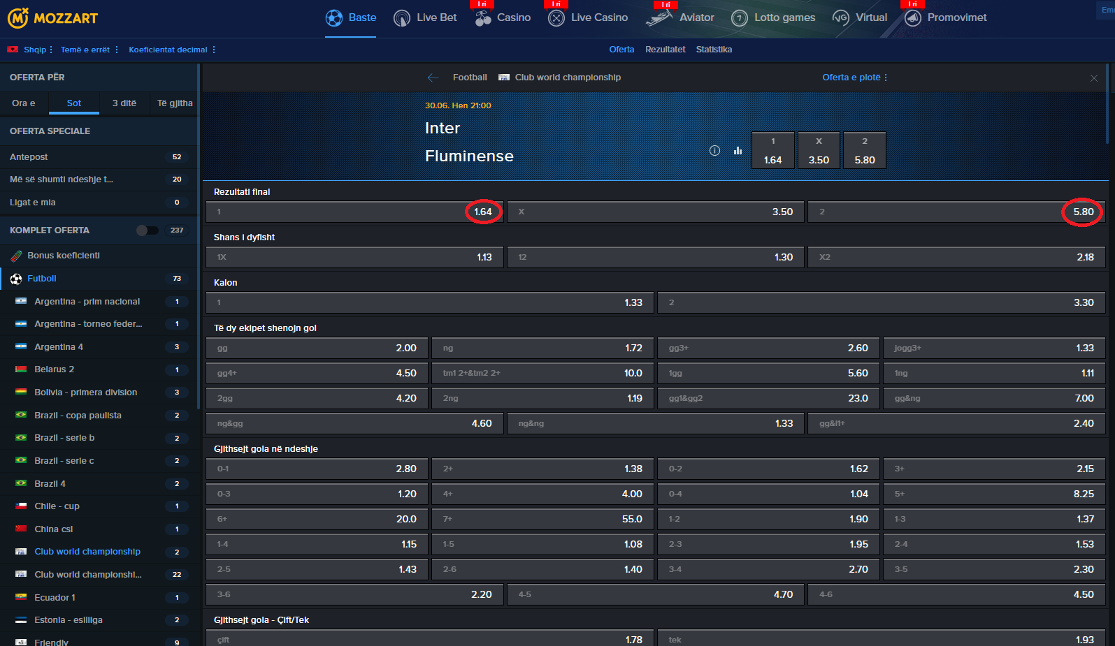 Inter VS Fluminense koeficientët në Mozzartbet 30.06.2025