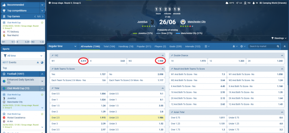 Juventus VS Manchester City koeficientët në 1xbet 26.06.2025