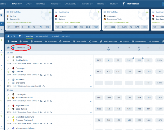 Kupa e Botës për Klube në 1xbet, mundësitë