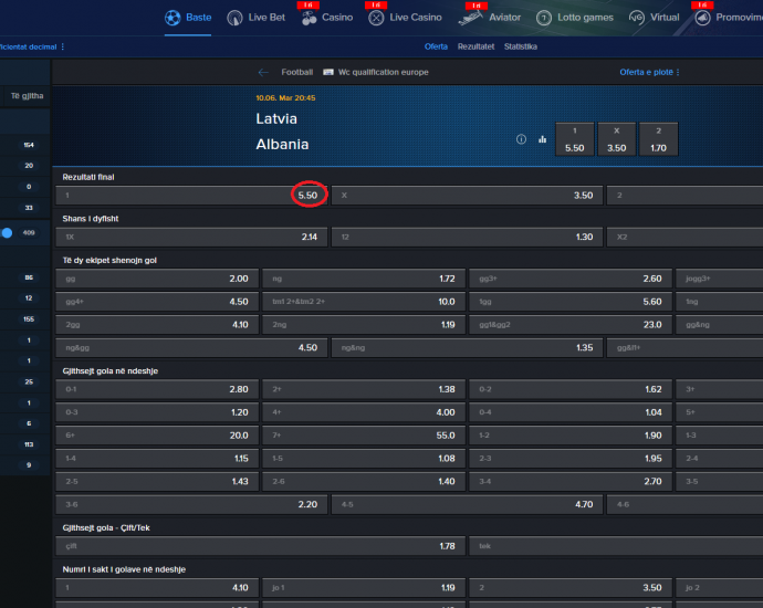 Letoni VS Shqipëri koeficientët në Mozzartbet 10.06.2025