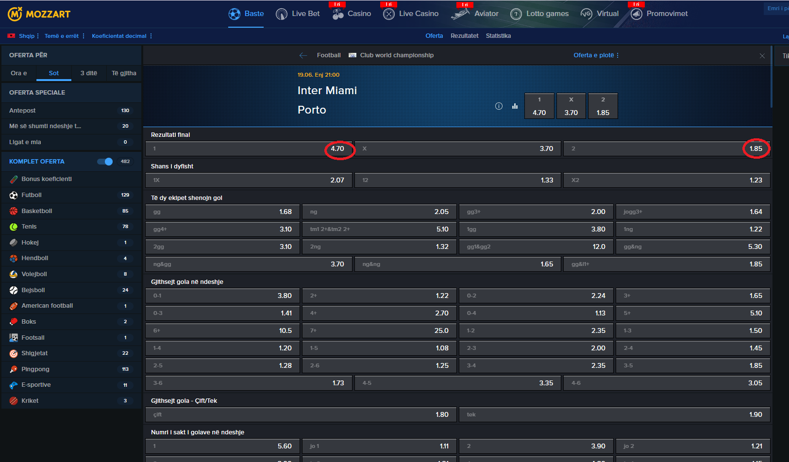 Inter Miami VS FC Porto koeficientët në Mozzartbet 19.06.2025