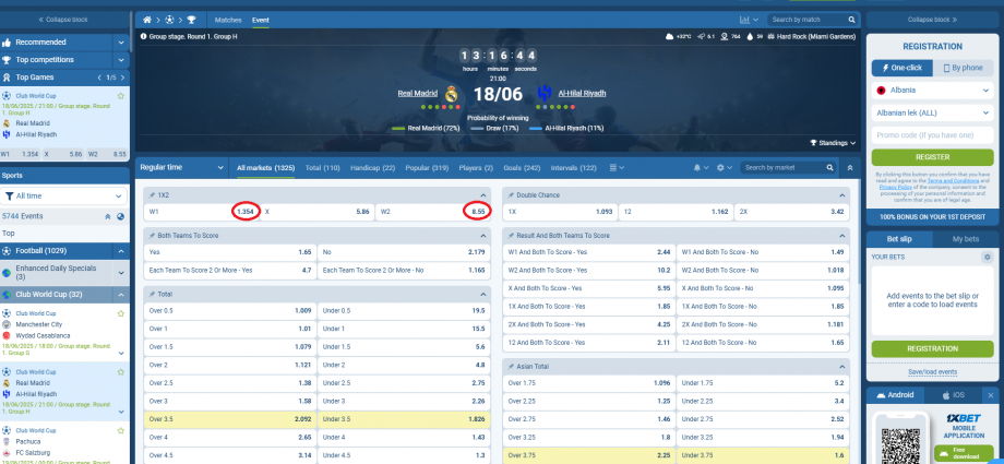 Real Madrid VS Al Hilal koeficientët në 1xbet 18.06.2026