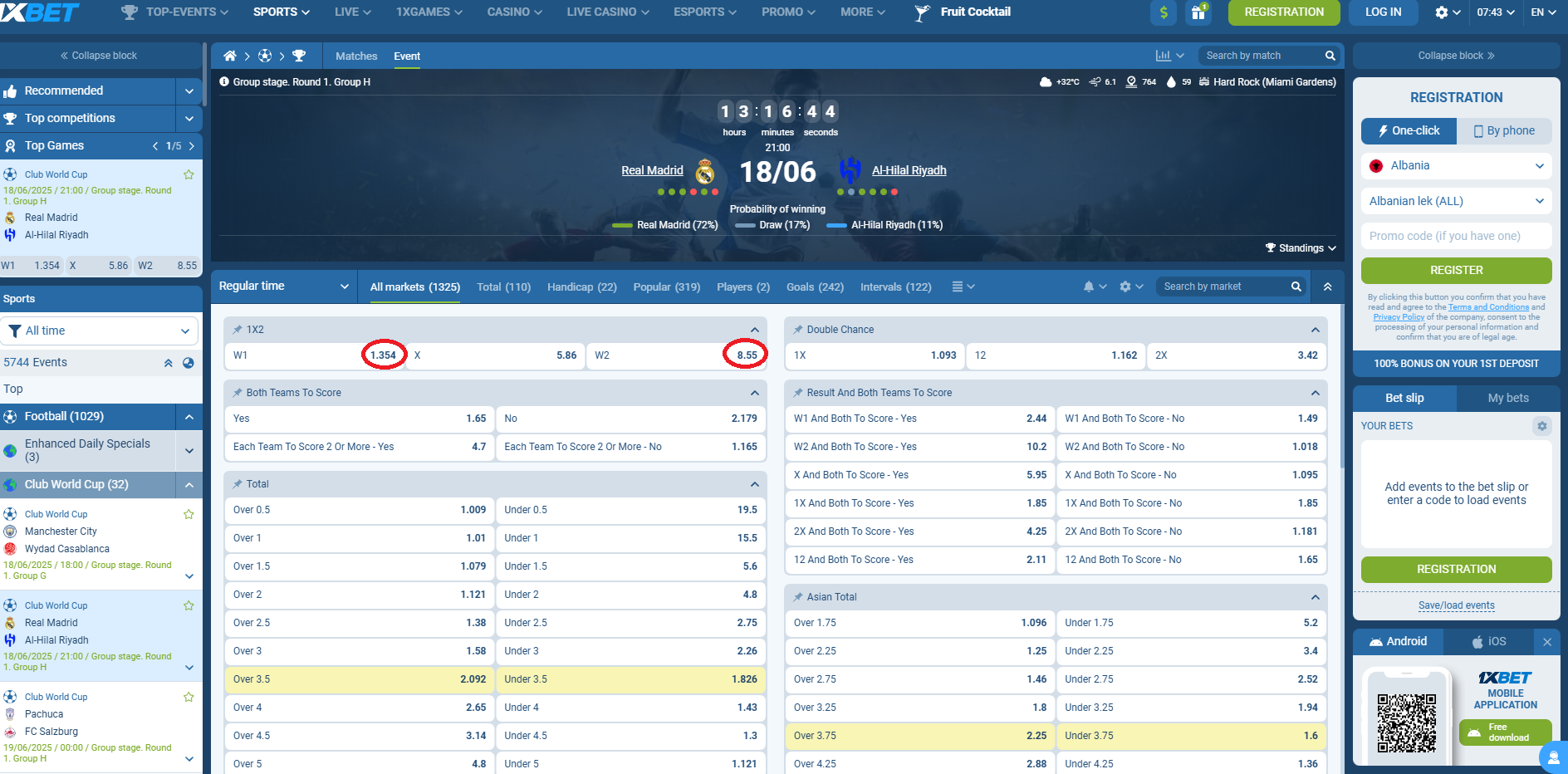 Real Madrid VS Al Hilal koeficientët në 1xbet 18.06.2026