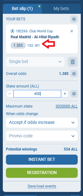 Real Madrid VS Al Hilal koeficientët në 1xbet 18.06.2026