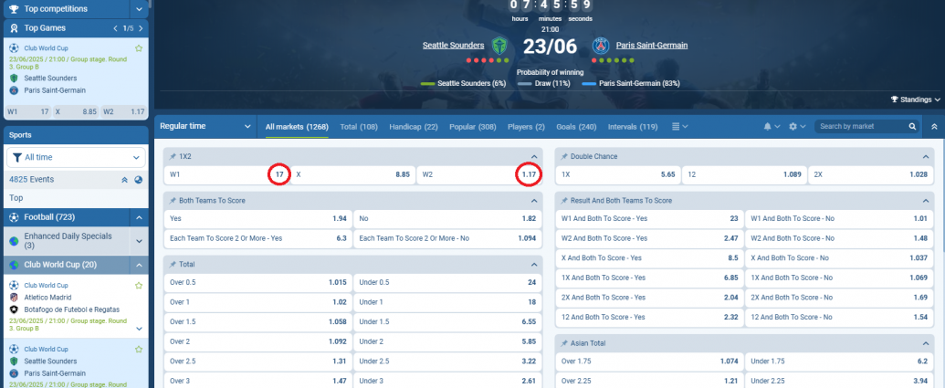 Seattle Sounders VS PSG koeficientët në 1xbet 23.06.2025
