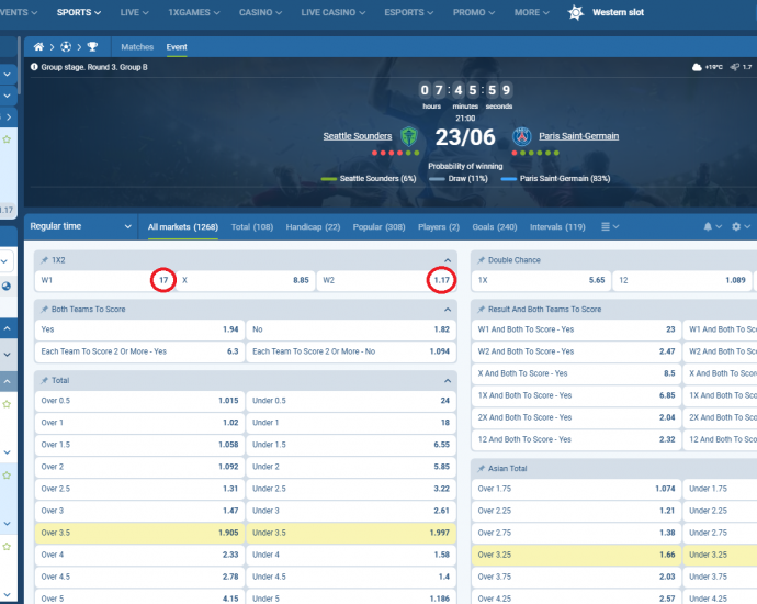Seattle Sounders VS PSG koeficientët në 1xbet 23.06.2025