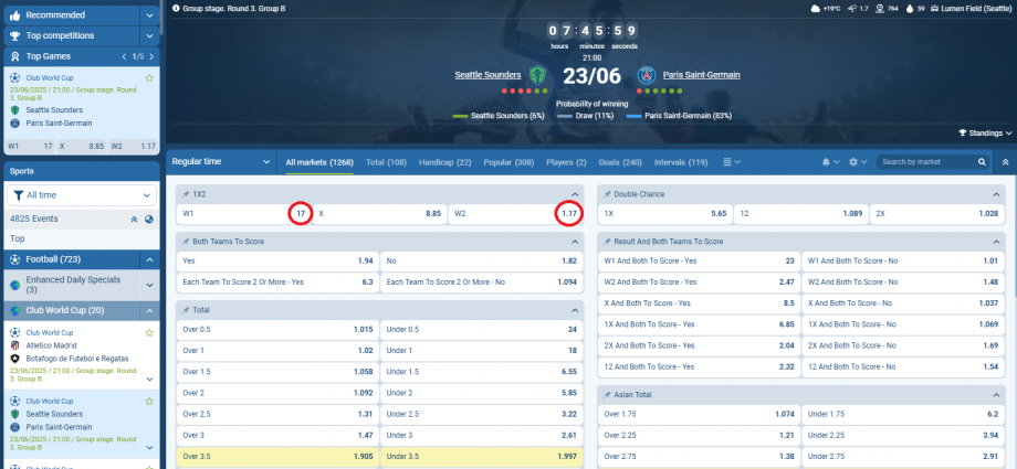 Seattle Sounders VS PSG koeficientët në 1xbet 23.06.2025