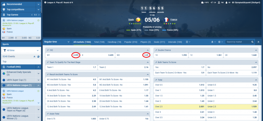 Spain VS France koeficientët në 1xbet 05.06.2025