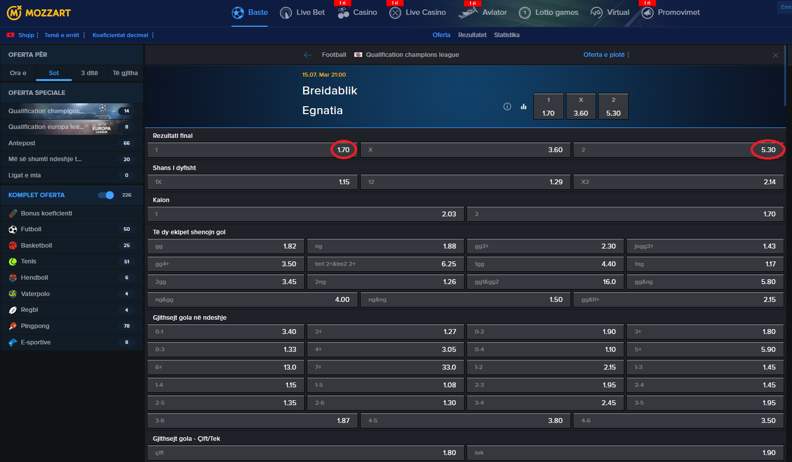 Breidablik VS Egnatia koeficienëtët në Mozzartbet 15.07.2025